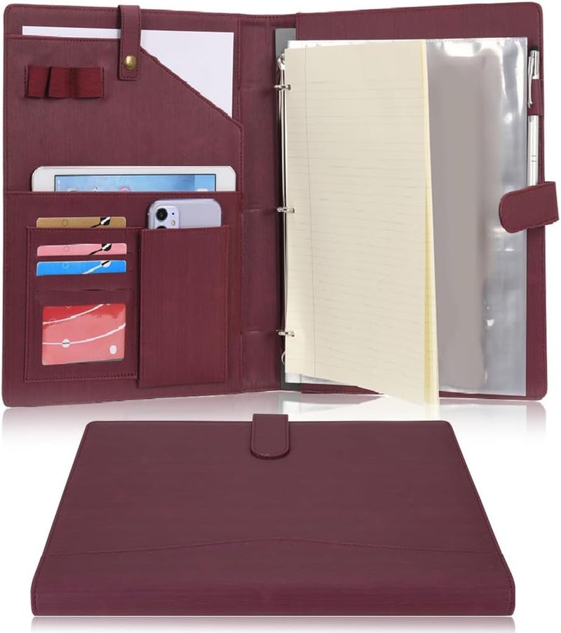 WONDERPOOL A4 PU Leather Portfolio Holder Ring File Document Case with Removable Binder Clipboard, Multi Pocket and Legal Pad for Business Organizer Interview and Meeting (Wine red) - Image 1